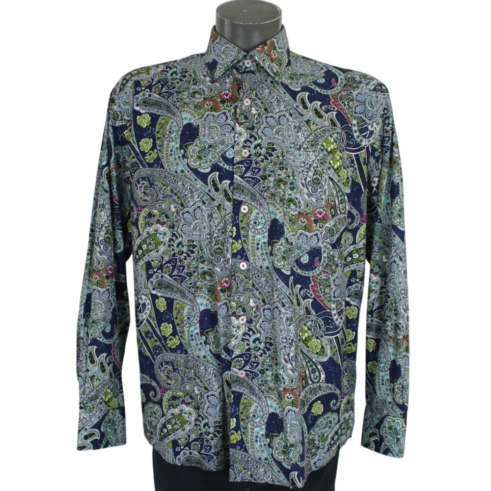 Alan Flusser Paisley Shirt Mens L Cotton Button Up Retro Floral All Over Print